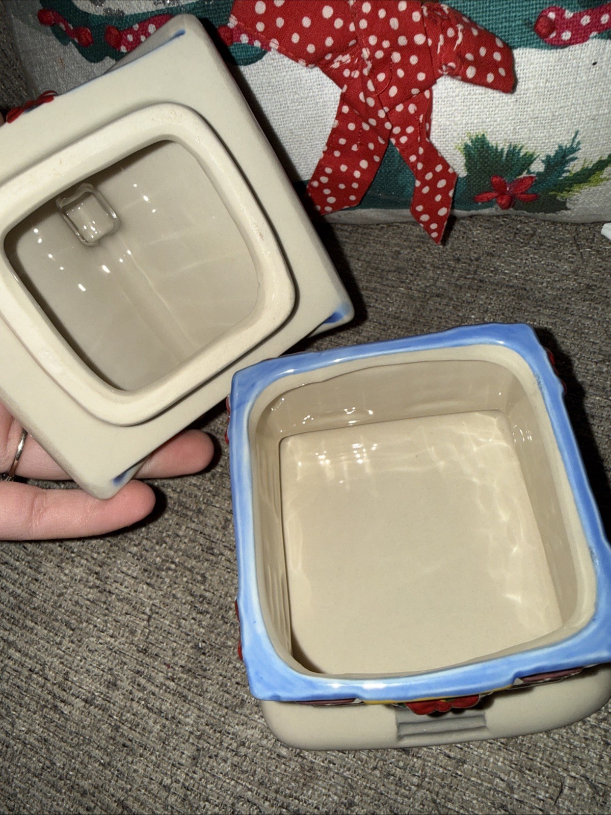 TEMPTATIONS CHRISTMAS VILLAGE HOUSE, 8 OZ. LIDDED CERAMIC RAMEKIN, 6” TALL