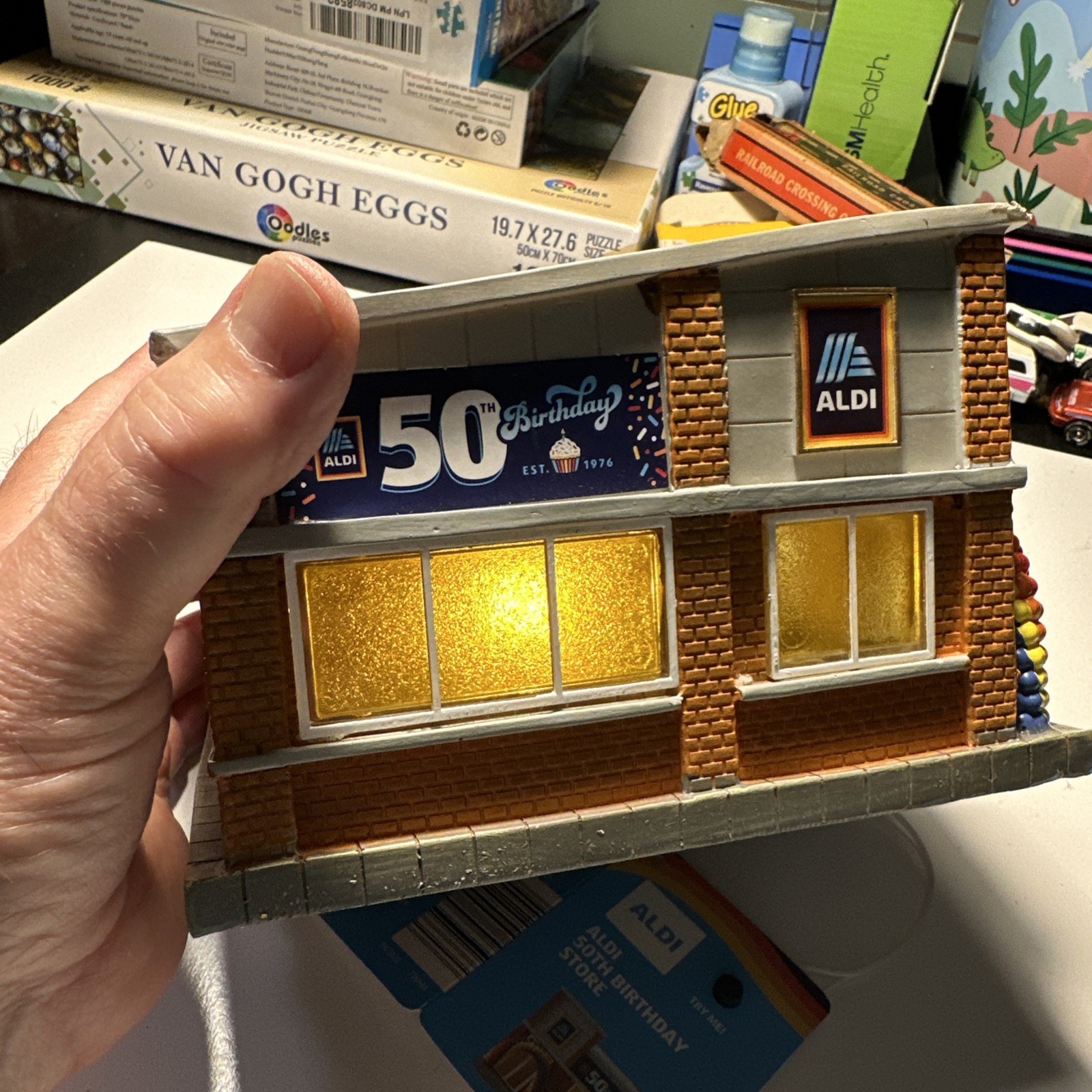 Aldi 50th Birthday Light Up Store Building Village 7 X 4” NWT (Damaged Roof)
