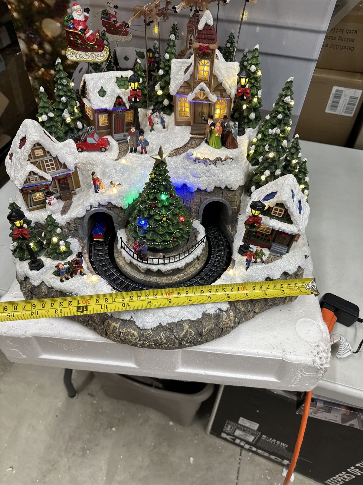Animated Mountain Train Christmas Village Santa Sleigh Reindeer Musical 17” NEW