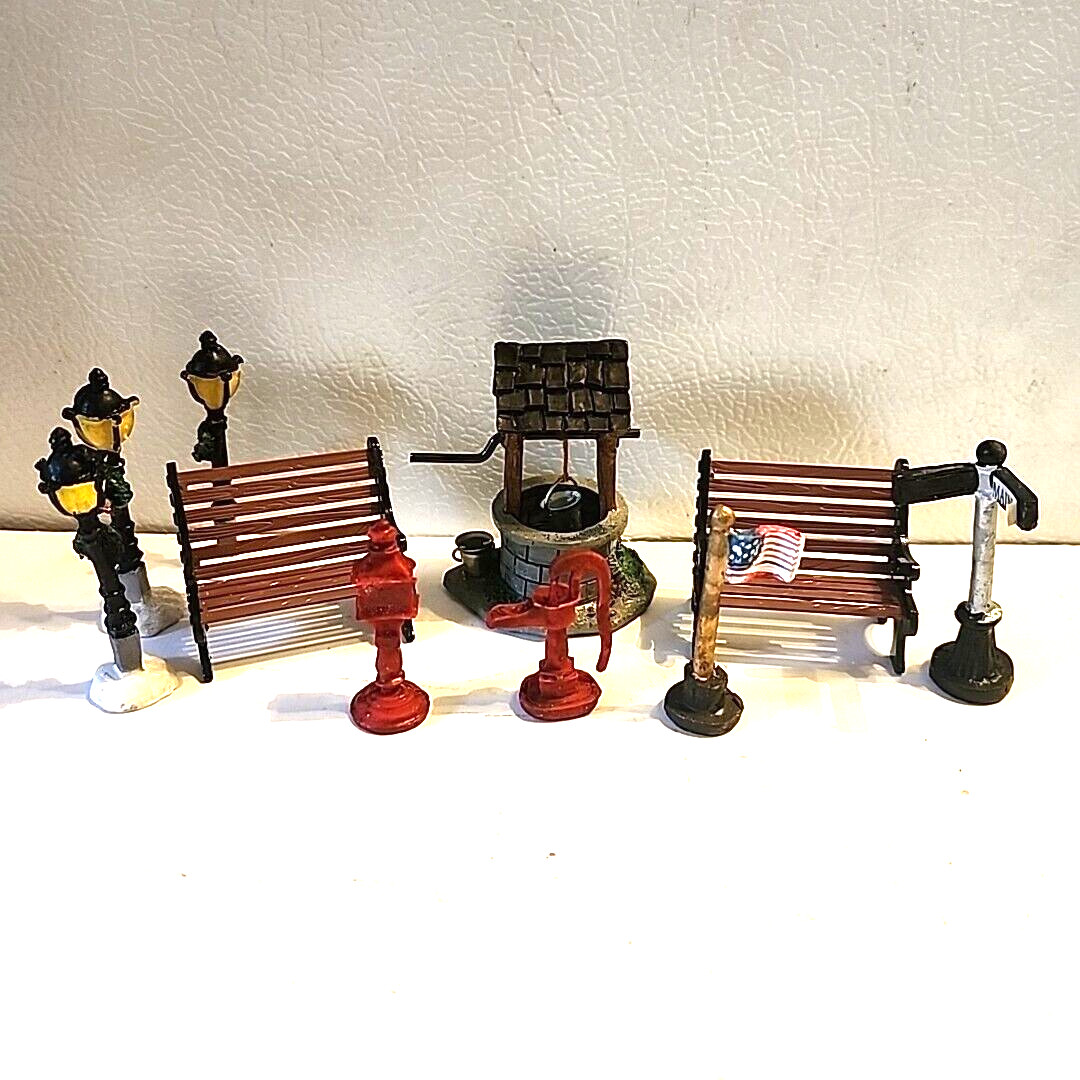 10 Pc Christmas Village Accessories Park Scene Benches Signs Well Mail Box Pump