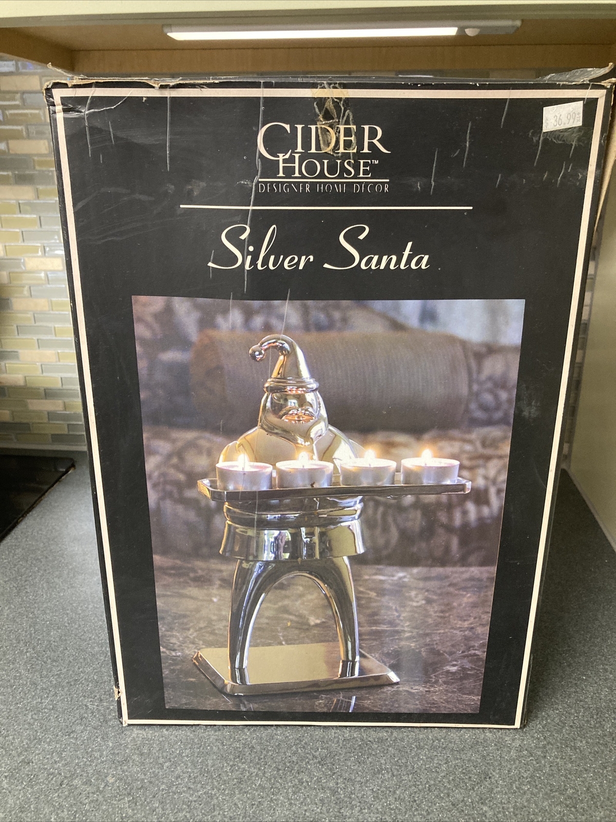 Vintage Cider House Silver Santa POTTERY BARN Christmas 4 Tea Light Holder Decor
