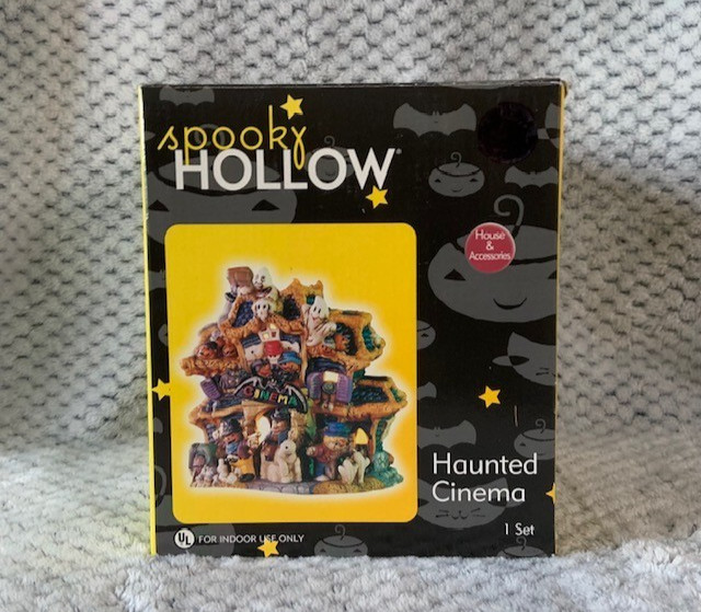 Retired Spooky Hollow Haunted Cinema Lighted Hand Painted Porcelain House