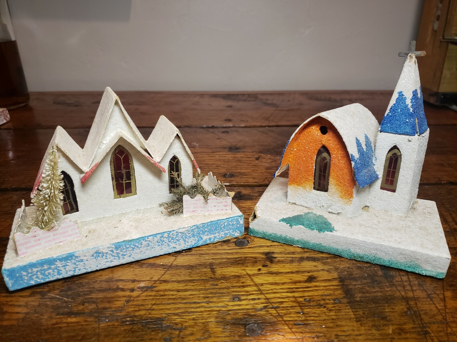 2 Vintage CHRISTMAS VILLAGE Churchs PUTZ Japan Paper Mache 1920’s?