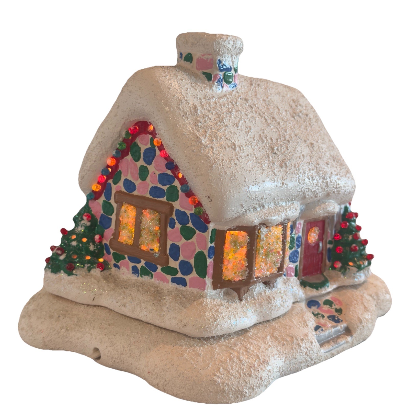 10″ Vintage Handmade Ceramic Christmas Snow Light Up Village House Cabin Lamp