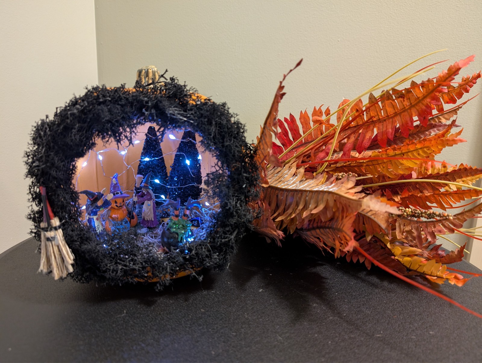 Halloween Pumpkin Diorama: Witch House Scene with Fairy Lights