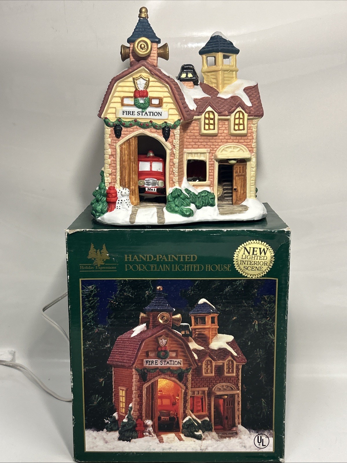 Holiday Expressions 3-D Porcelain Lighted House Fire Station + Free Dalmatian