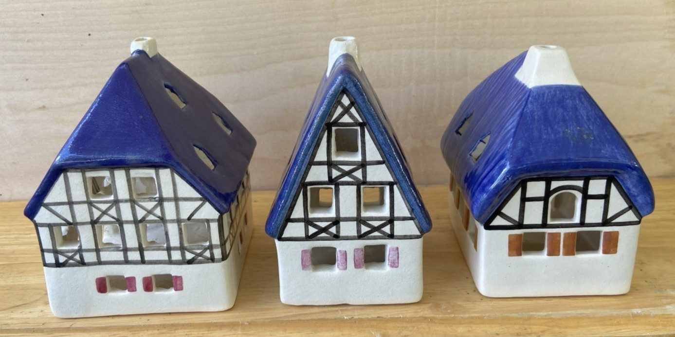 Set of 3 Vintage Ursula Leyk Tea Light Cottages`w/Blue Roofs~Dated 1985 and 1988