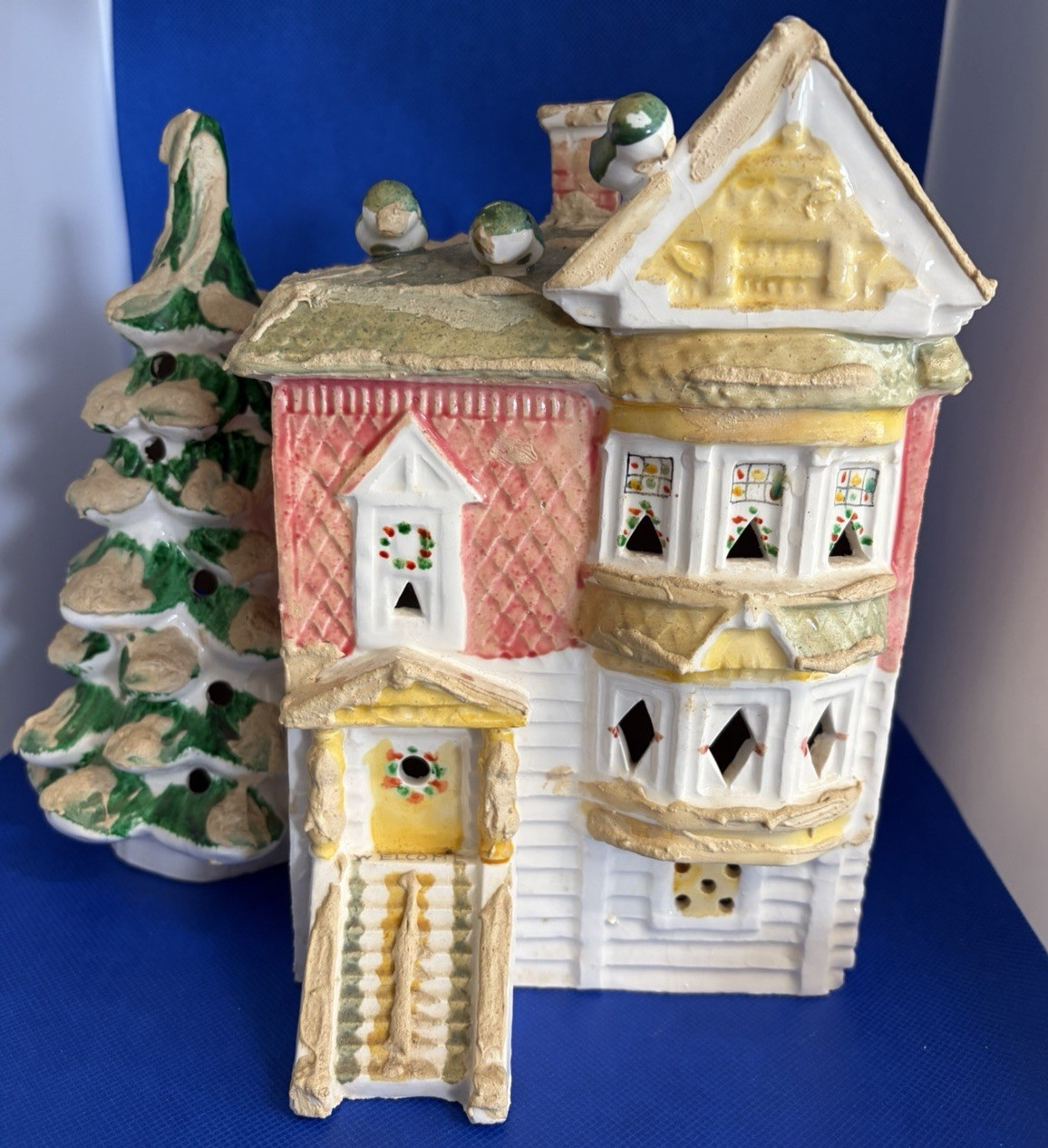 Dept 56 Vintage Orginal Snow Village Pink Victorian House with Snow Birds