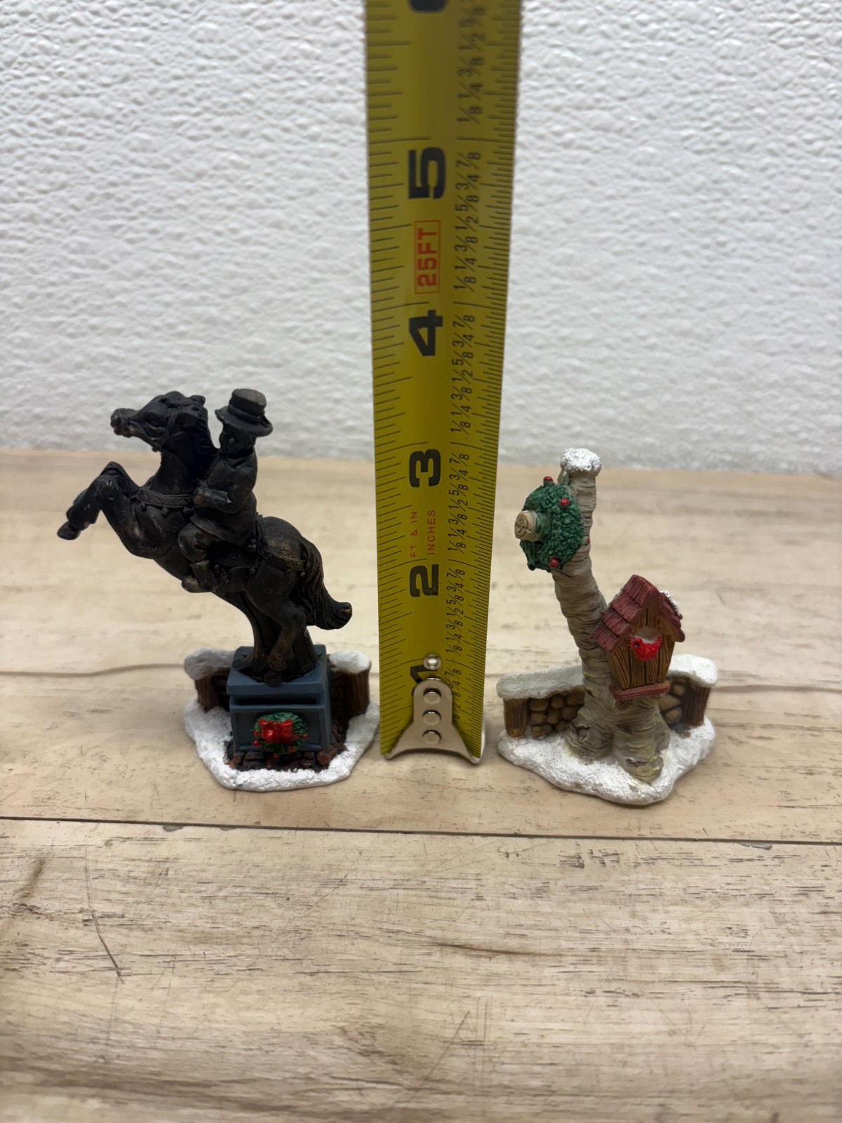 Christmas Village Figurines Set Of 4 People Horse Statue Rider & Bird House Tree