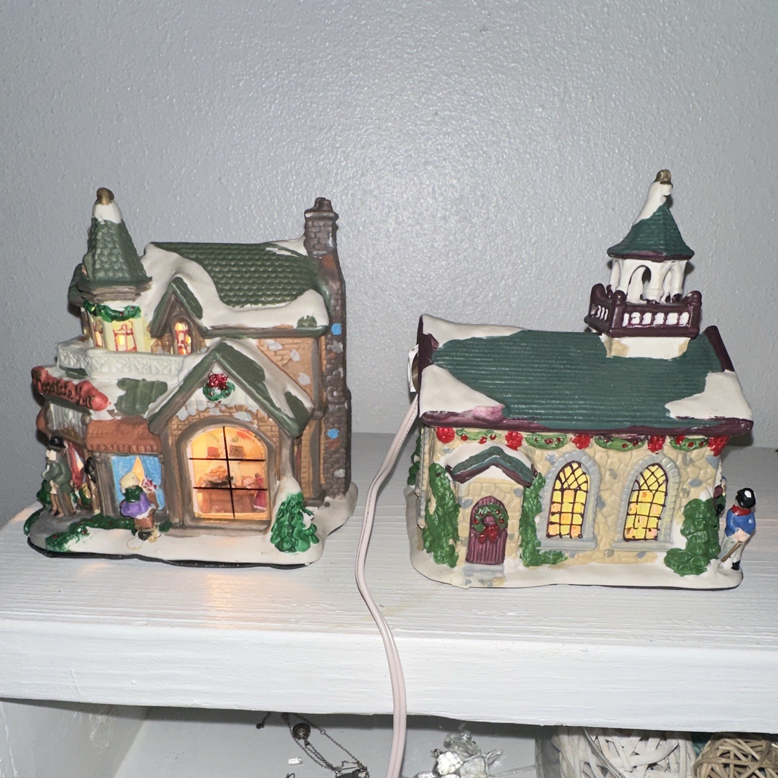 Enchanted Christmas Village Lighted Porcelain Church & Chocolate Shop Set of 2