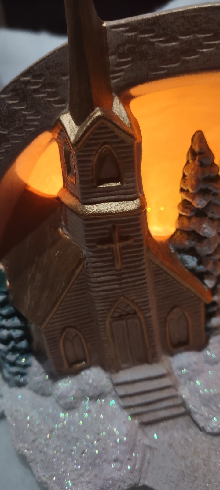 ILLUMINATED Snow Covered Bridge and church Scene Hershey Molds works vtg
