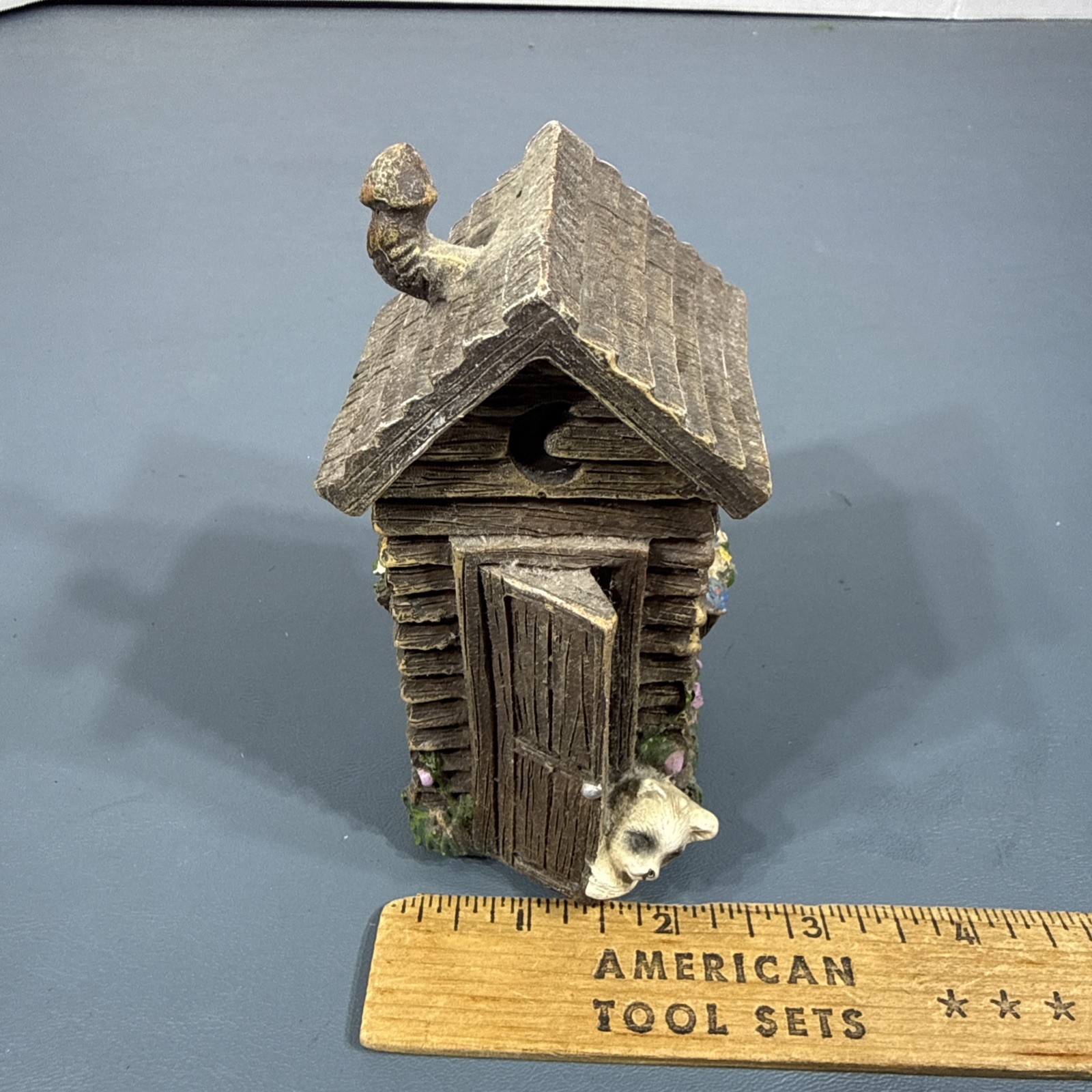 Vintage Out House Racoon on Roof Resin 5″ Tall