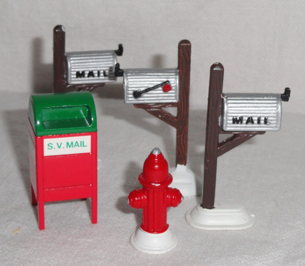 5 pc Dept 56 Accessories ~ 3 Mail Boxes on Post ~ SV Mail Box ~ Fire Hydrant