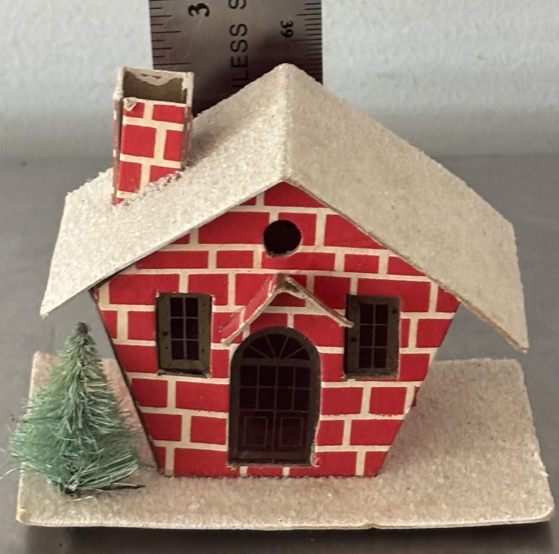 Vntg Putz House Red Brick with Cello Windows & Bottle Brush Tree Glitter L-D