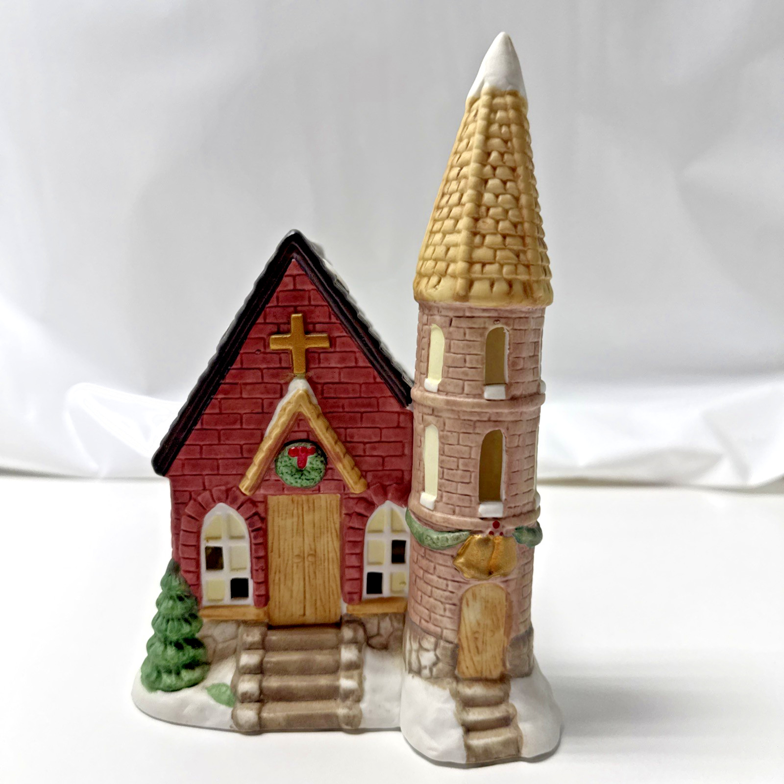 Christmas Village Brick Church Lightsup Hand Painted Fine Porcelain