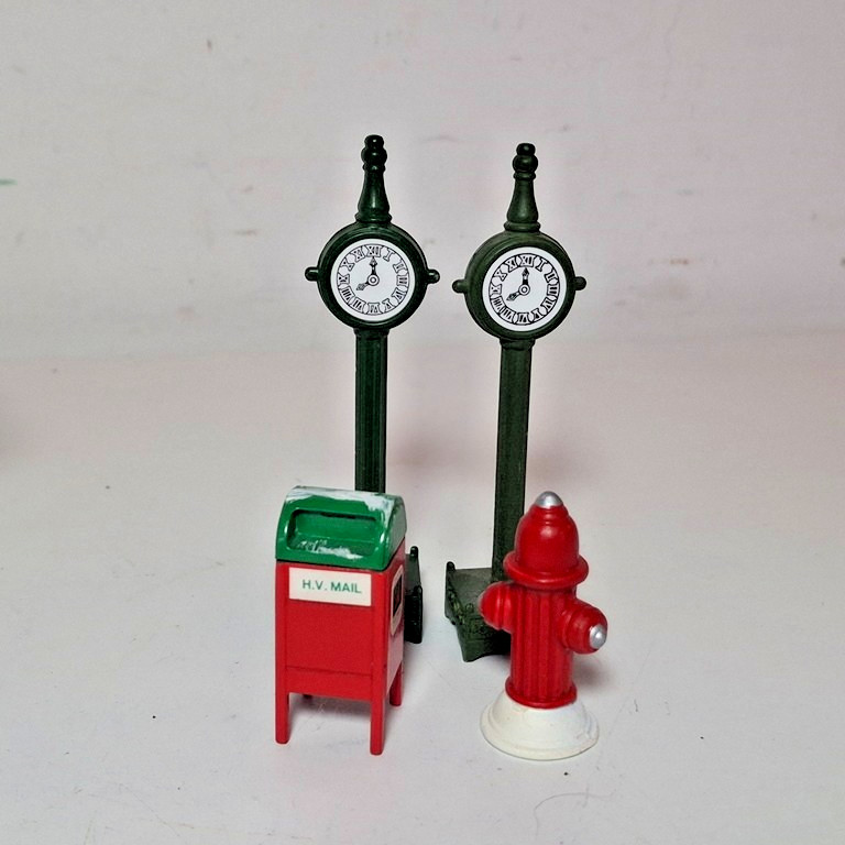 Dept 56 and Unbranded Christmas Village Signs, Mailbox, Fire Hydrant, Lot of 10