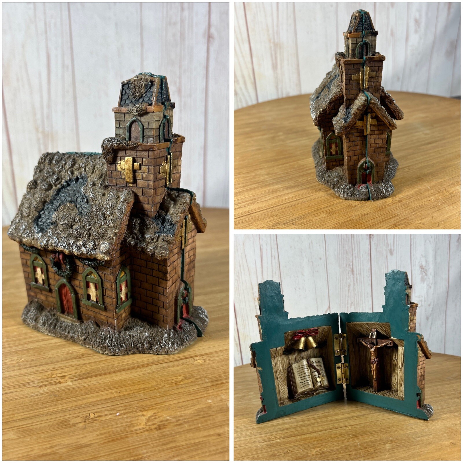 Mini Church Cottage Christmas Opens to Reveal Crucifix Christ & Bible 6″ T Resin