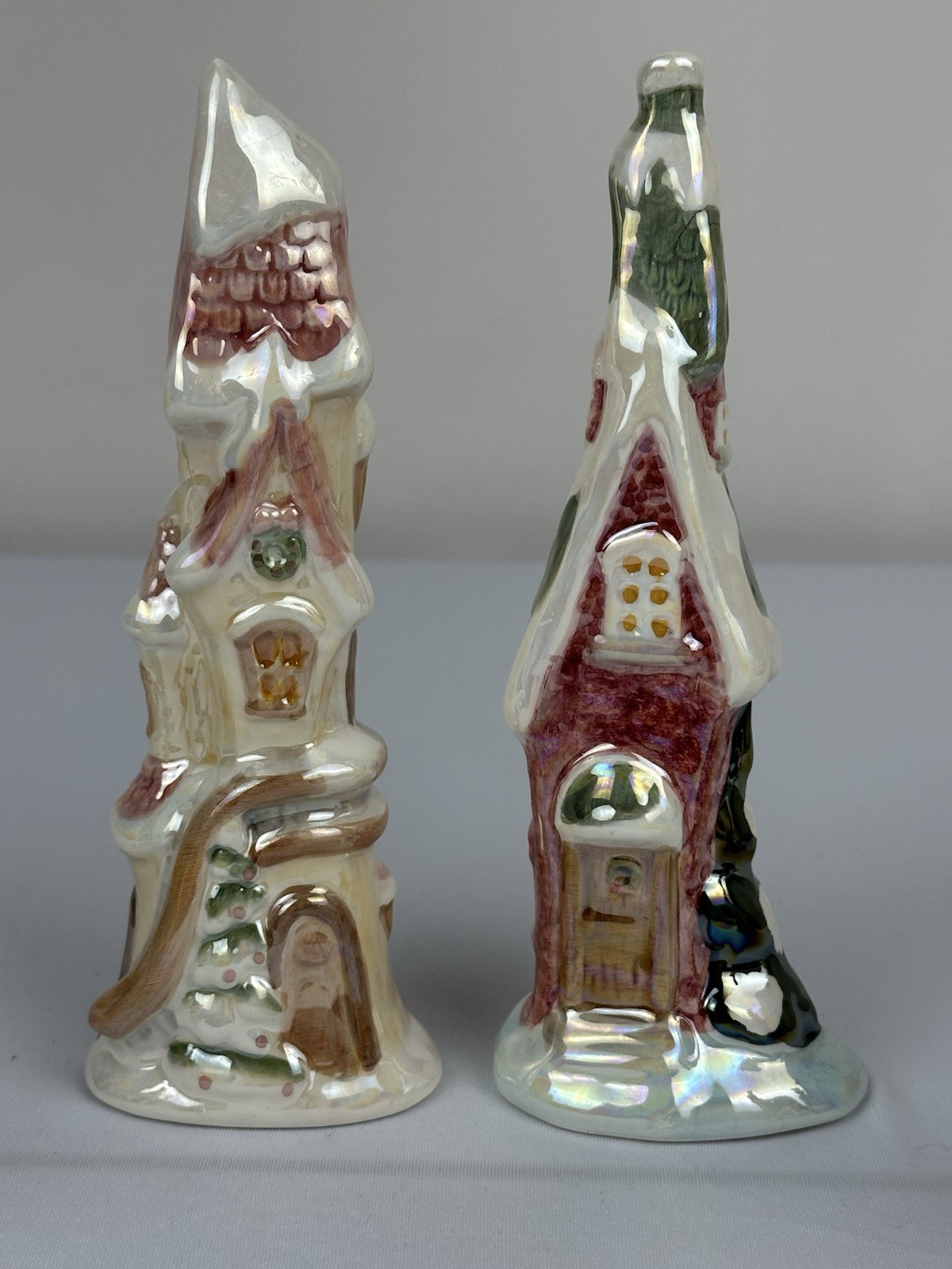 Vintage Iridescent Ceramic Christmas Carolers & Village Houses Set