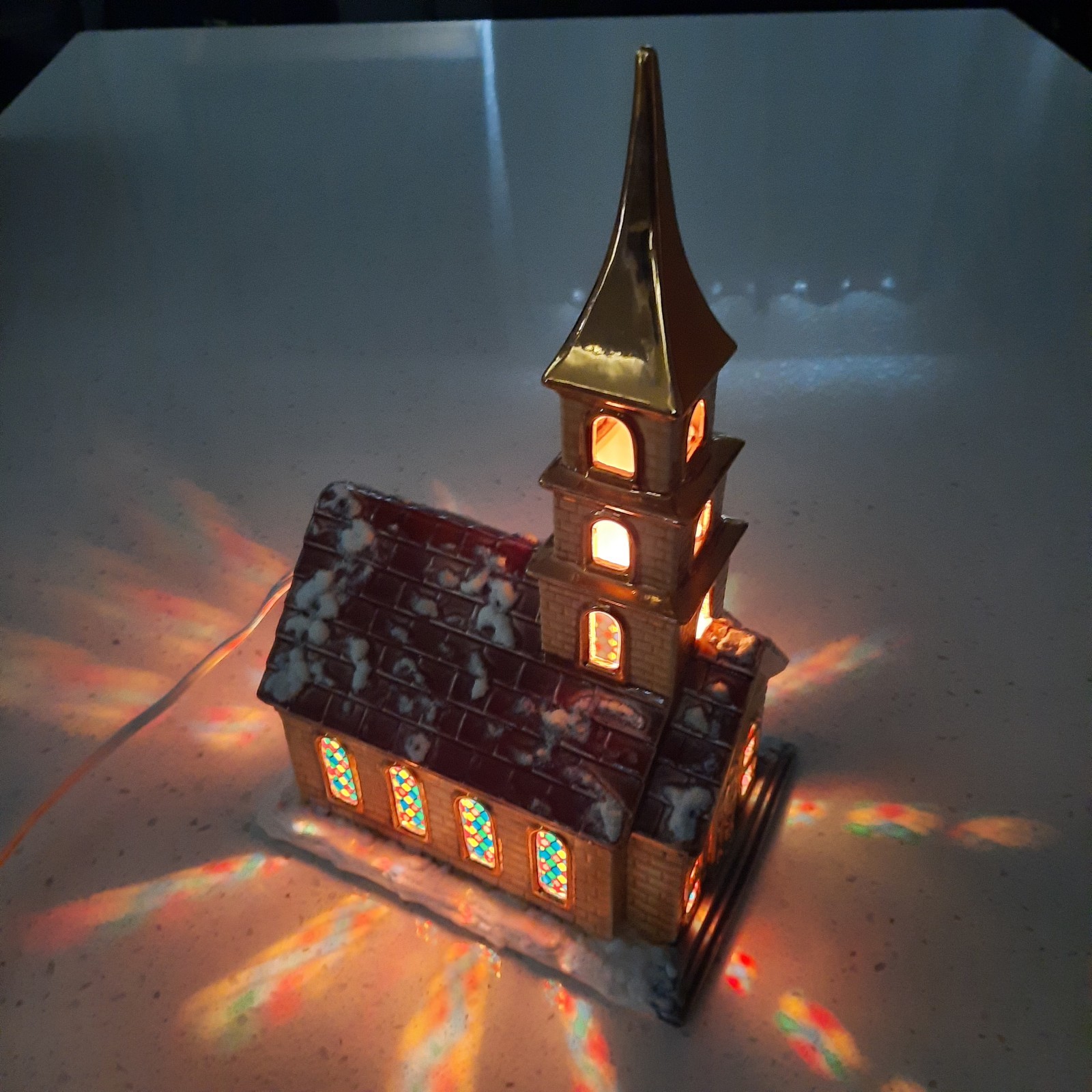 VTG Lighted Stain Glass Hand Painted Christmas Village Church Gold Steeple 12″T