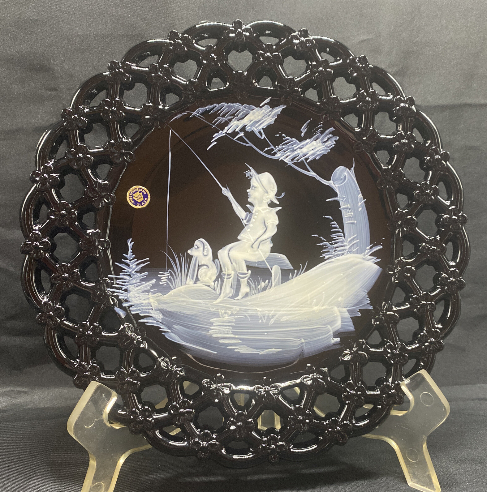 Westmoreland Black Glass Hand Painted Plate w/ Mary Gregory Design BOY & DOG