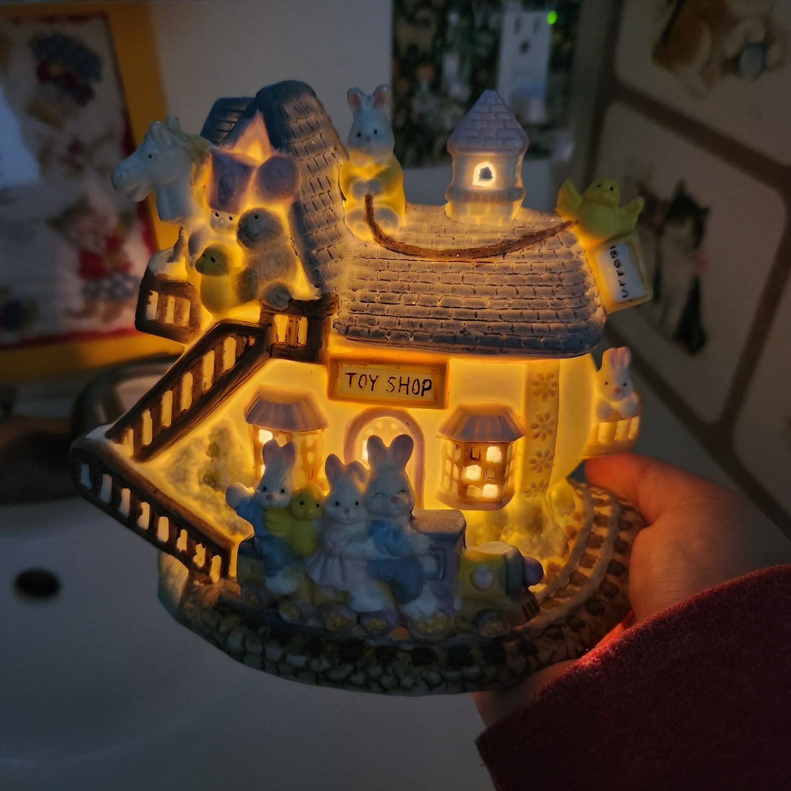 Vintage Bunny Towne Egg Toy Shop Easter Village Porcelain Ceramic House w Light