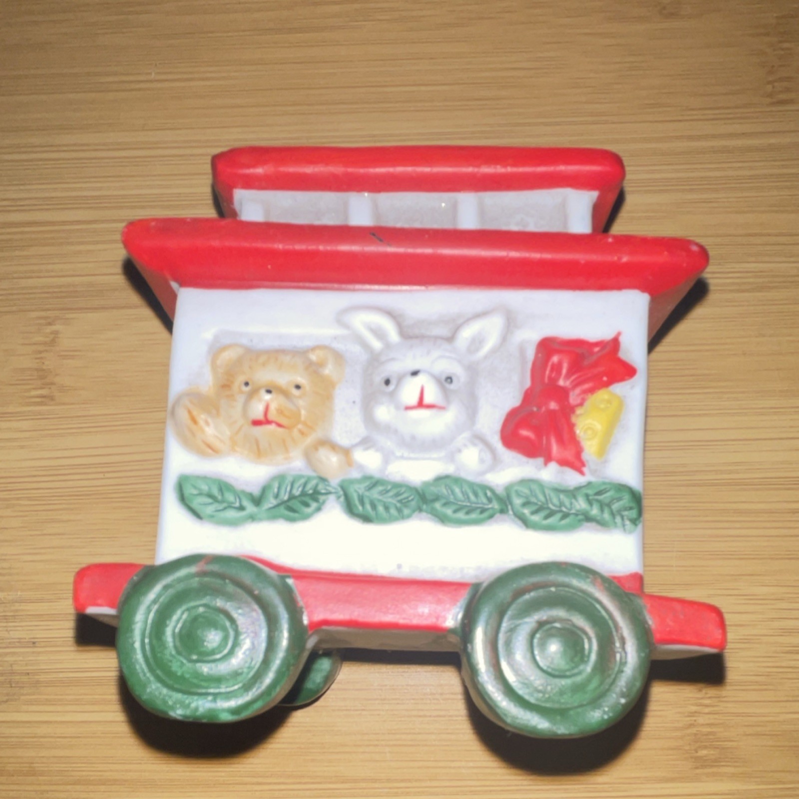 Ceramic Christmas Village Train Car with Animal Figures Red Green White Decor