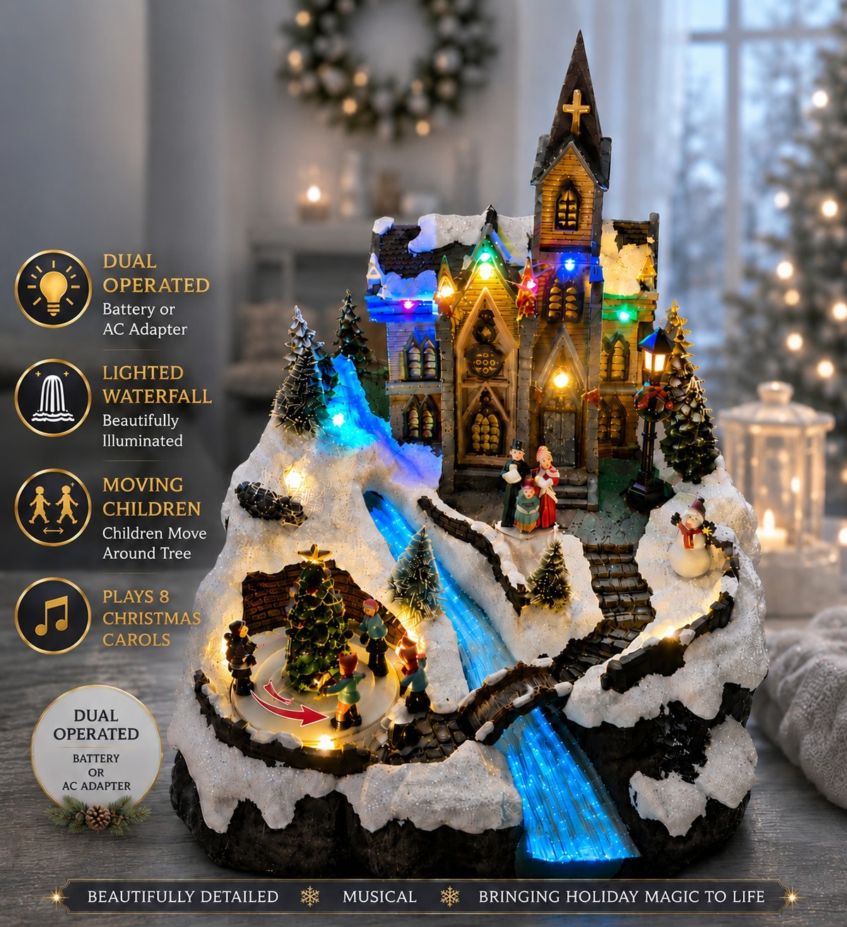 Church Christmas Village Scene Animated Led Lighted Waterfall Playing Children