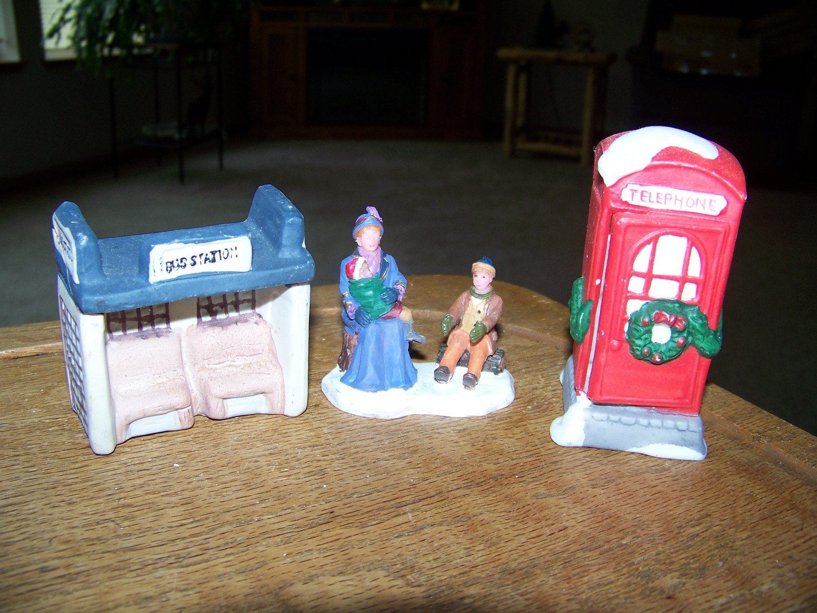 Lot of 3 Christmas Village Accessories Telephone Booth/Bus Station/Towns people