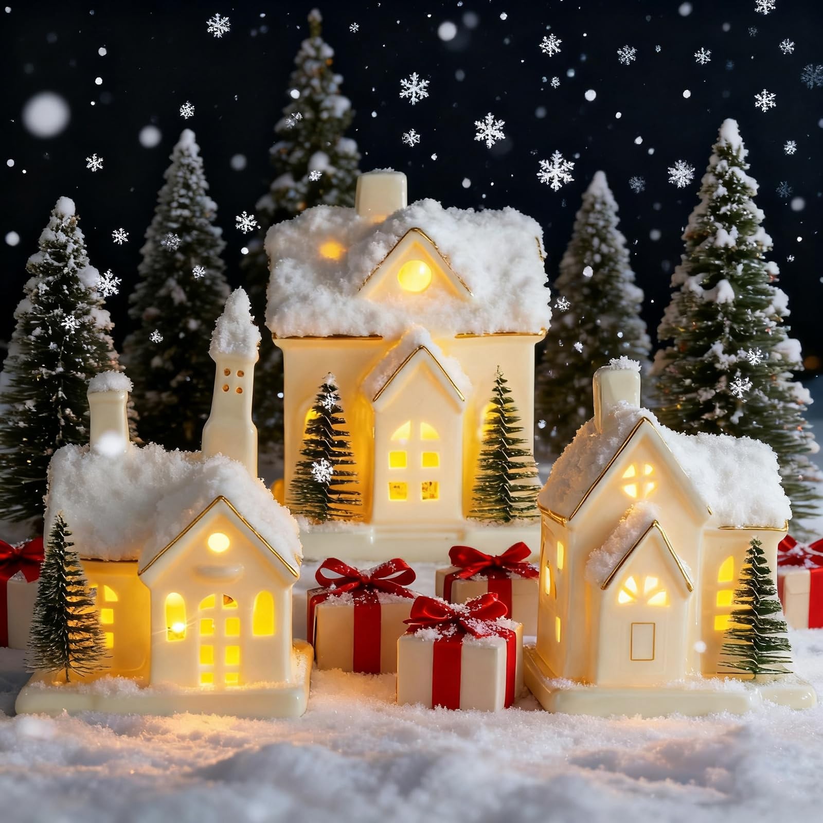 Timer: White Ceramic Christmas Village Houses, 3Pcs Light Up Christmas Village S
