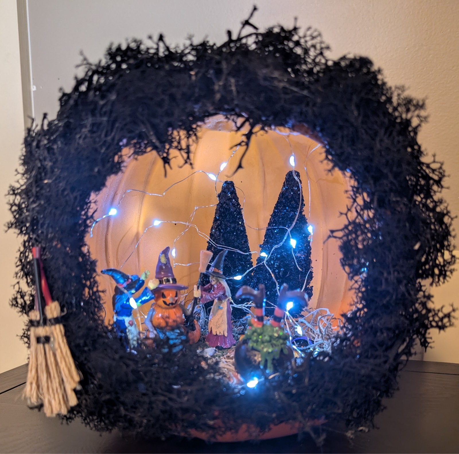 Halloween Pumpkin Diorama: Witch House Scene with Fairy Lights