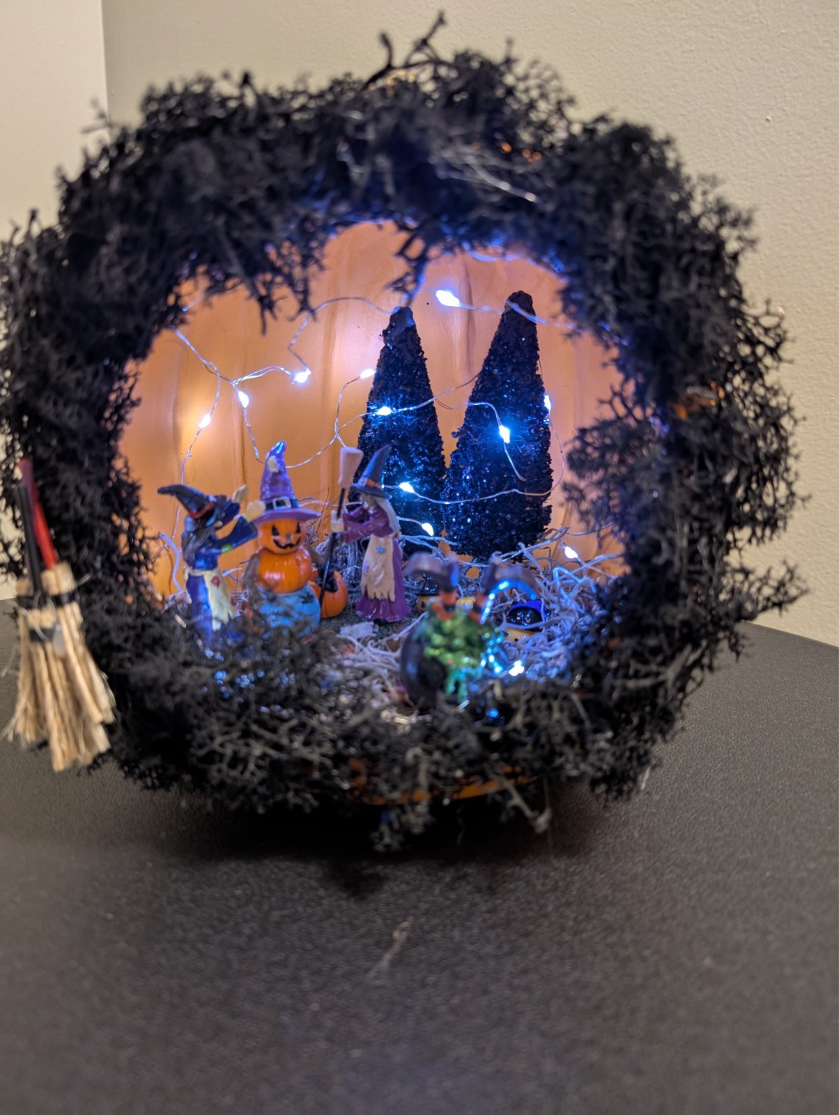 Halloween Pumpkin Diorama: Witch House Scene with Fairy Lights