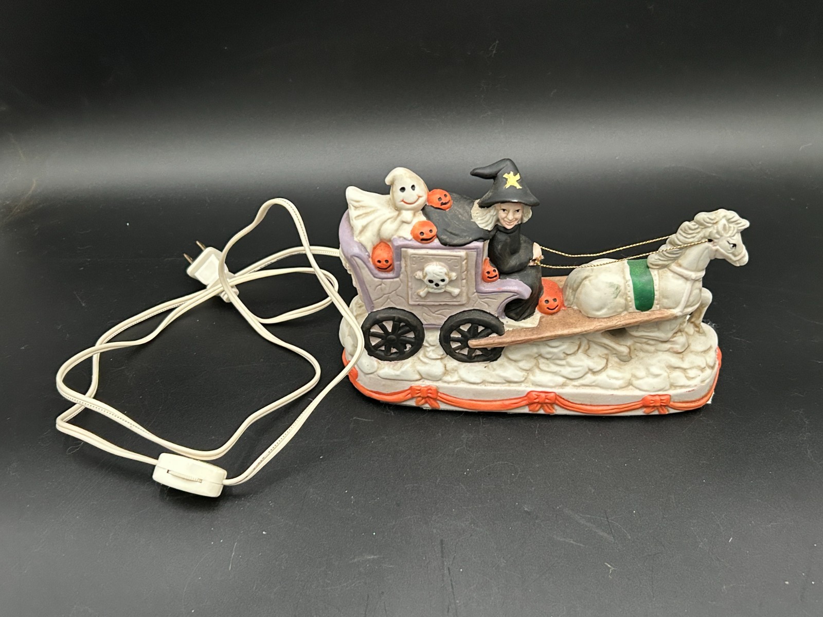 Vintage Halloween Porcelain Lighted Spooky Horse Drawn Witch Carriage