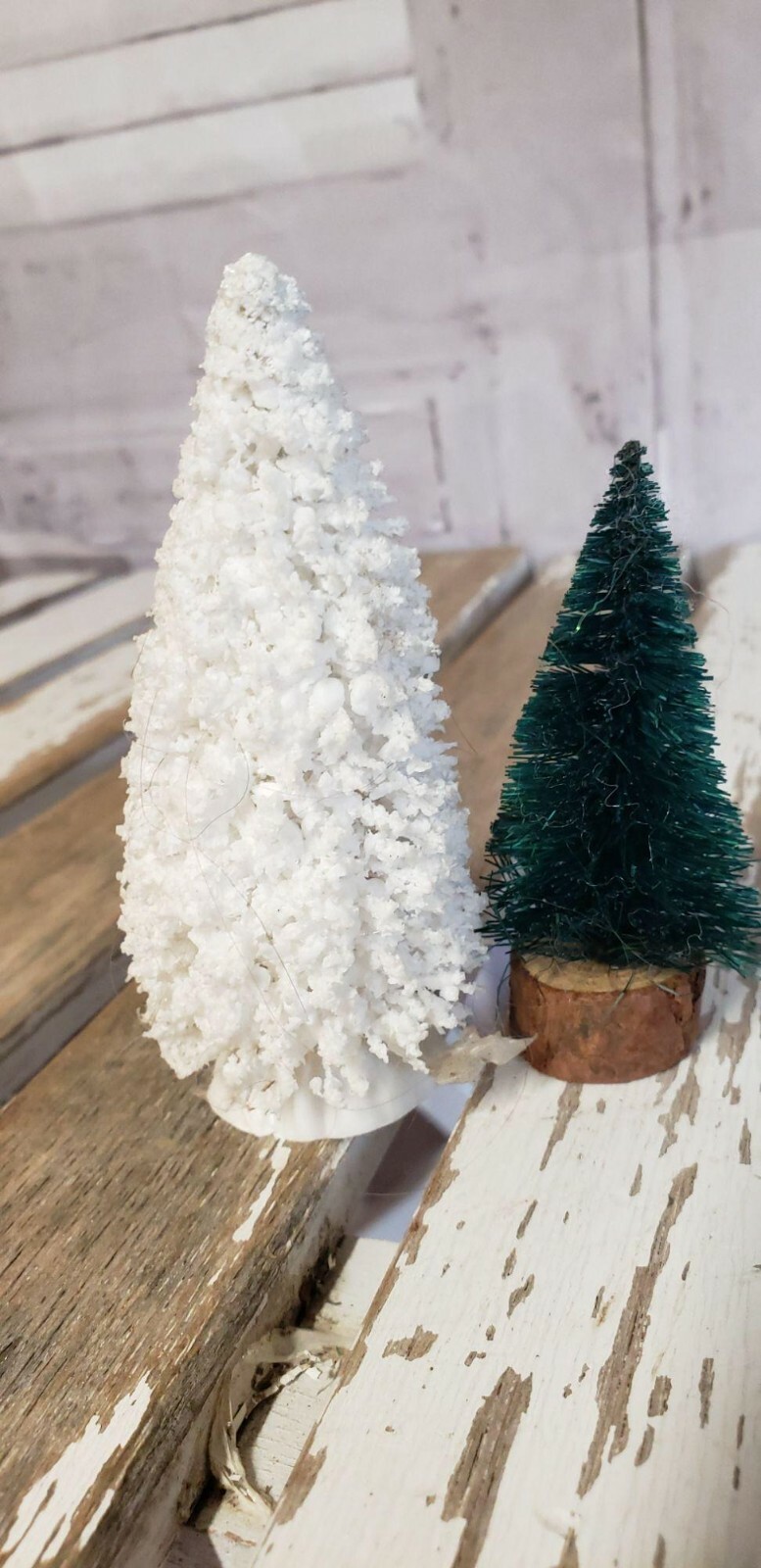 White And Green Pine Tree Vllage Figures Set of 2 Christmas Holiday Ornament