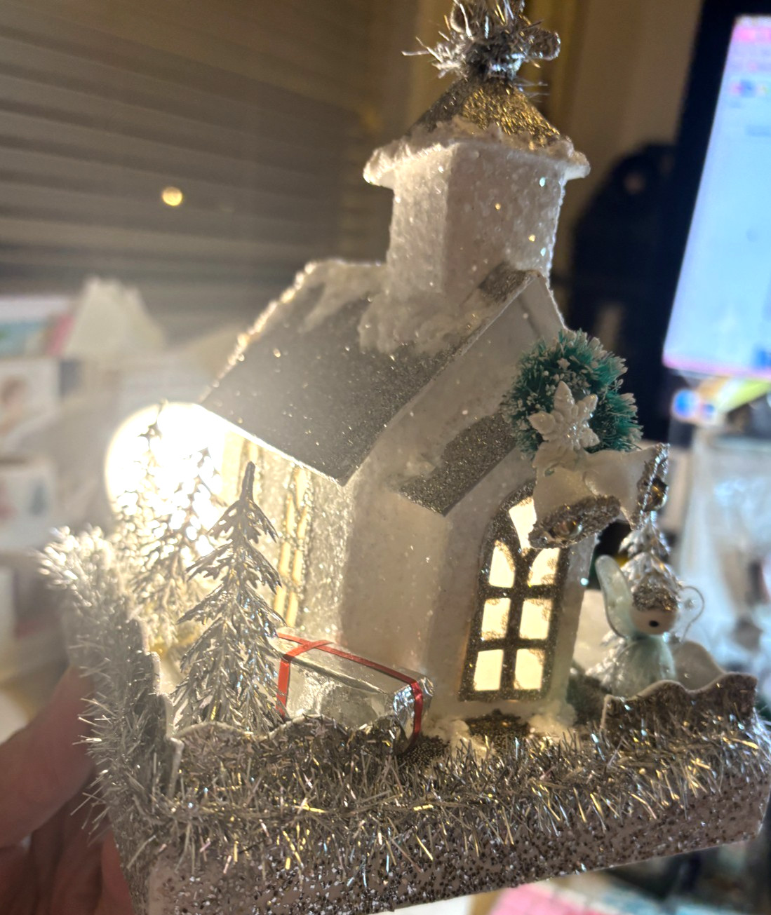 Vtg LARGE White Silver PUTZ CHURCH HOUSE Angel Trees TINSEL Snow Shelf LIGHT UP