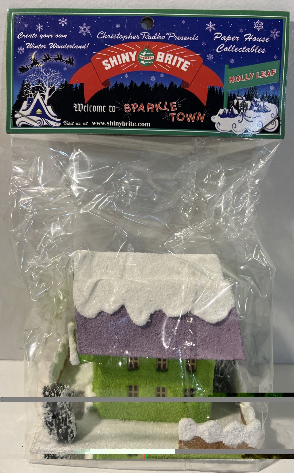 Christopher Radko Shiny Brite Sparkle Town Holly Leaf Green/Purple House New!