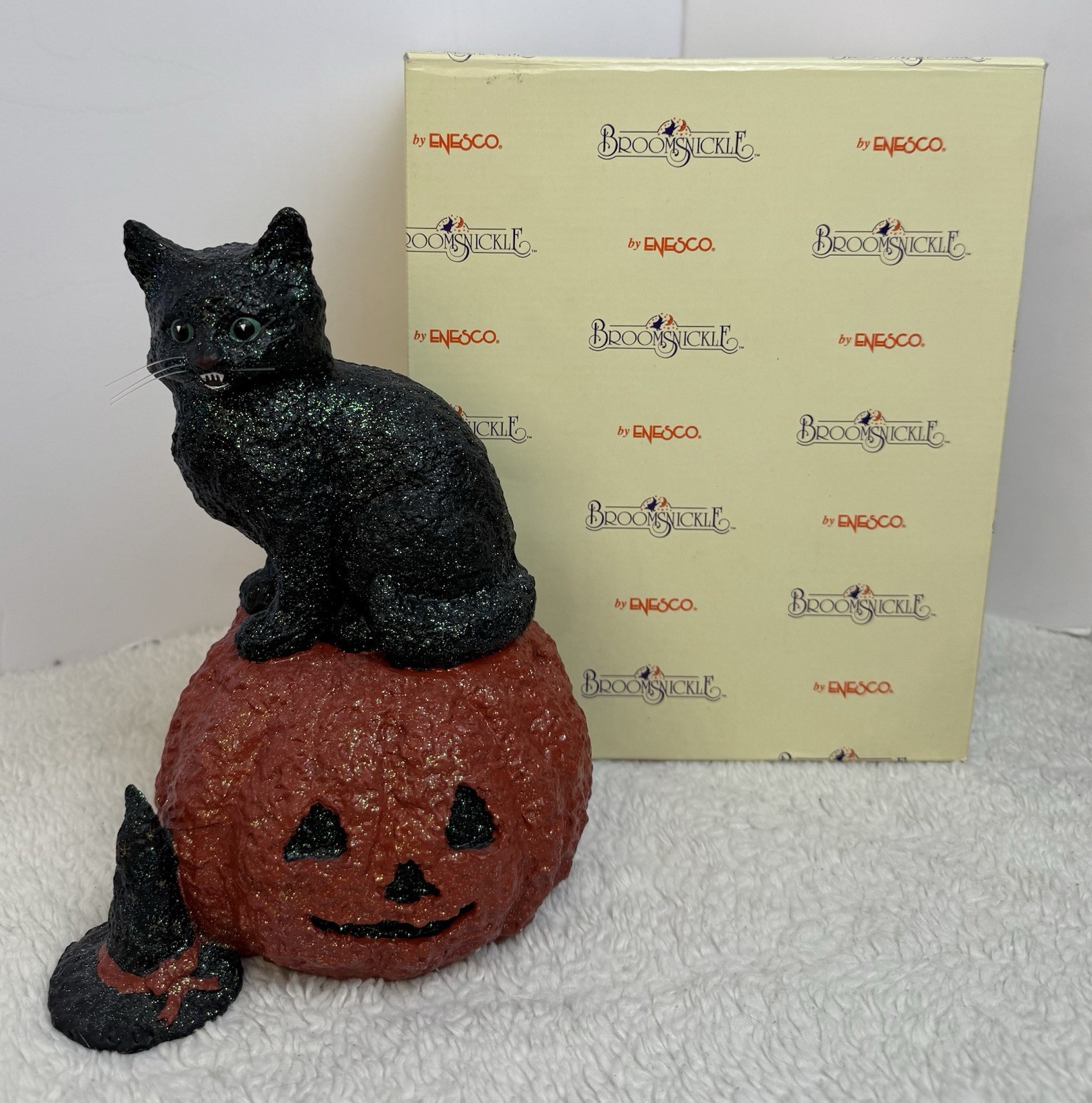 Broomsnickle 9″ Black Cat On Pumpkin Limited Figurine 1998 Enesco Witch Hat