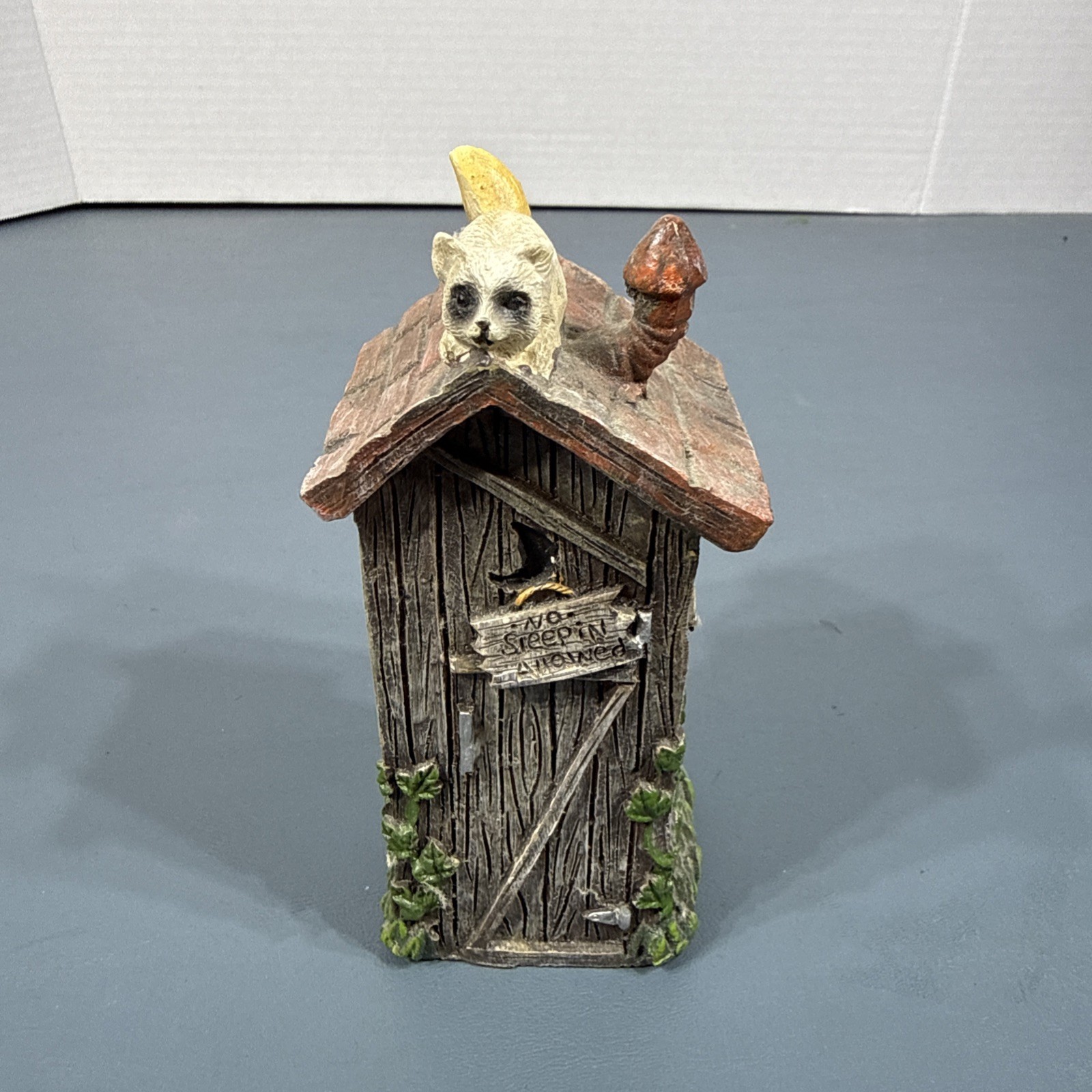 Vintage Out House Racoon on Roof Resin 5″ Tall