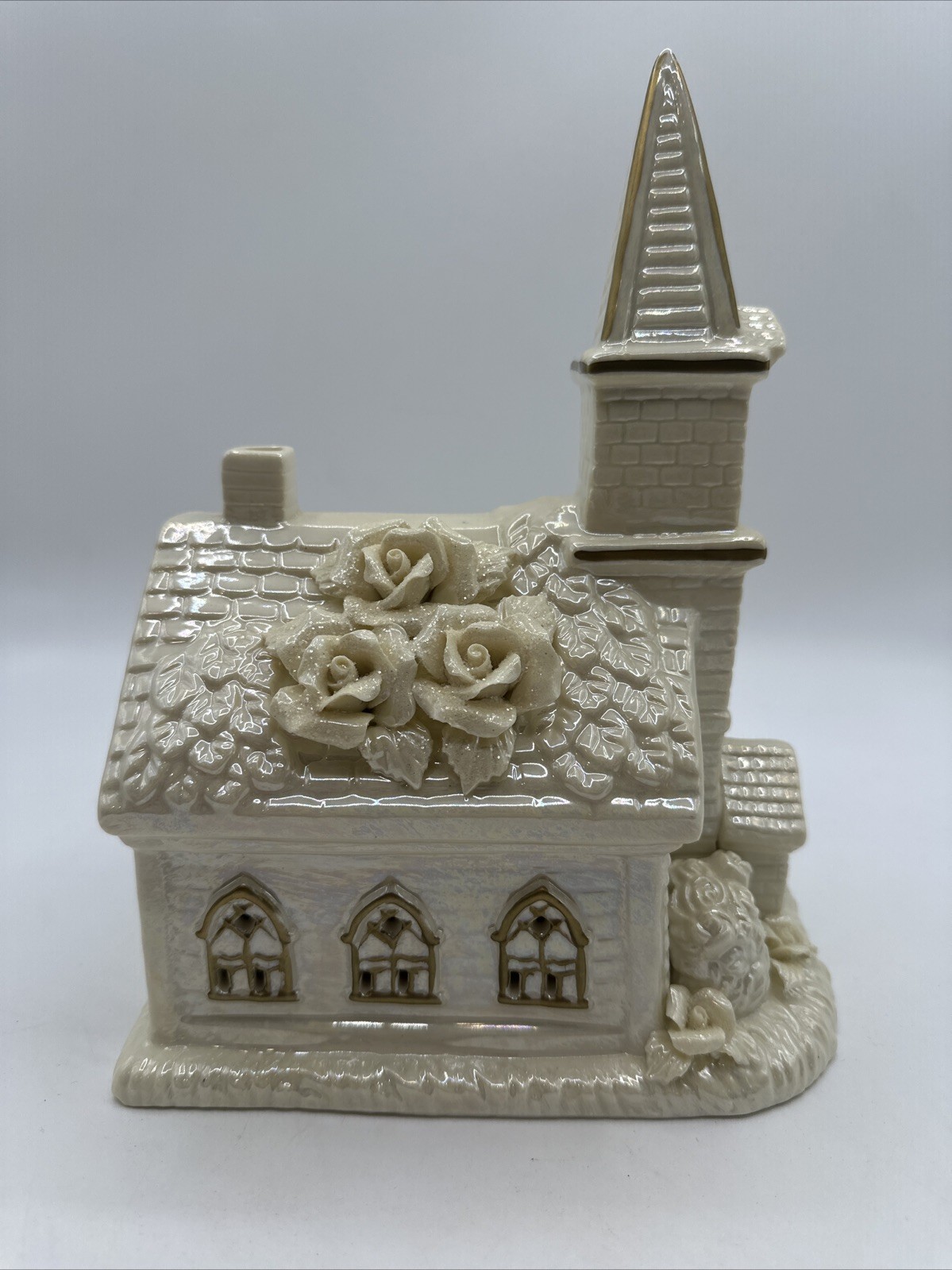 VIintage Christmas Porcelain Church Music Box White And Gold 10 Inches Tall