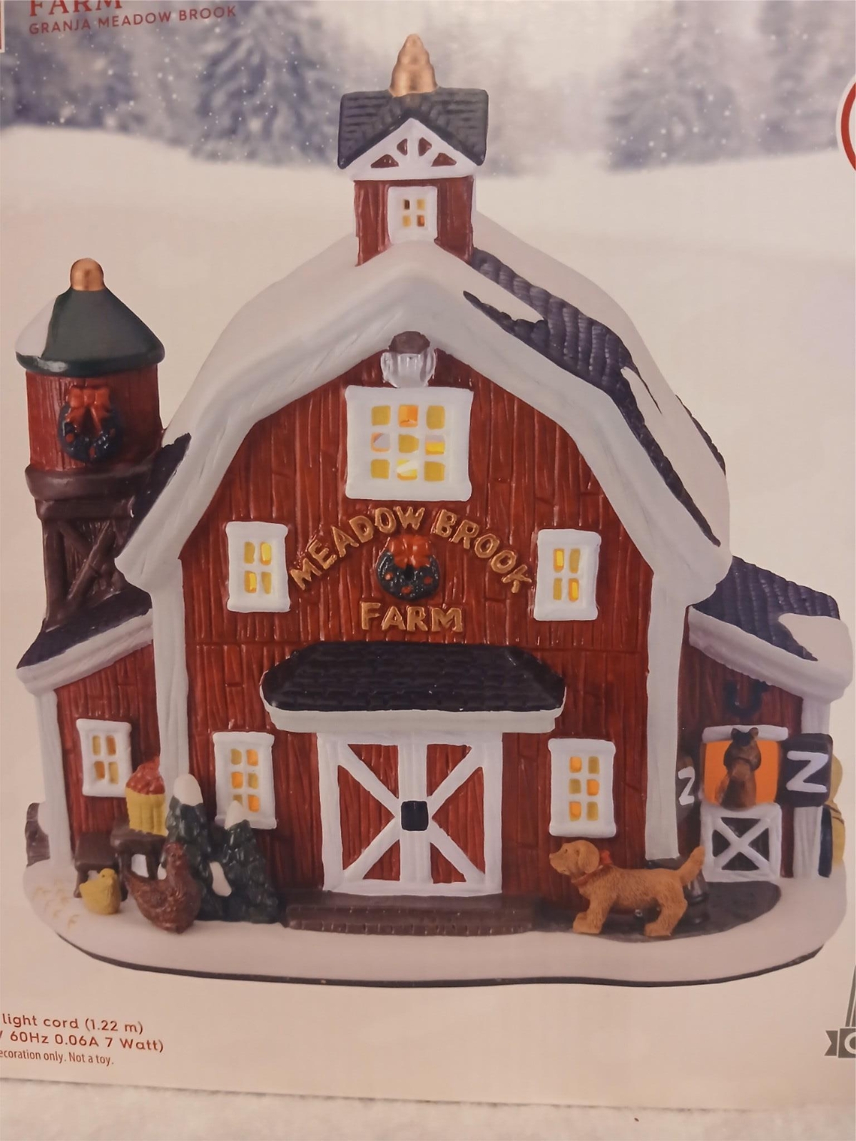 DELUXE MEADOW BROOK FARM BARN – LIGHTED CHRISTMAS VILLAGE HOUSE – ANIMALS DECOR