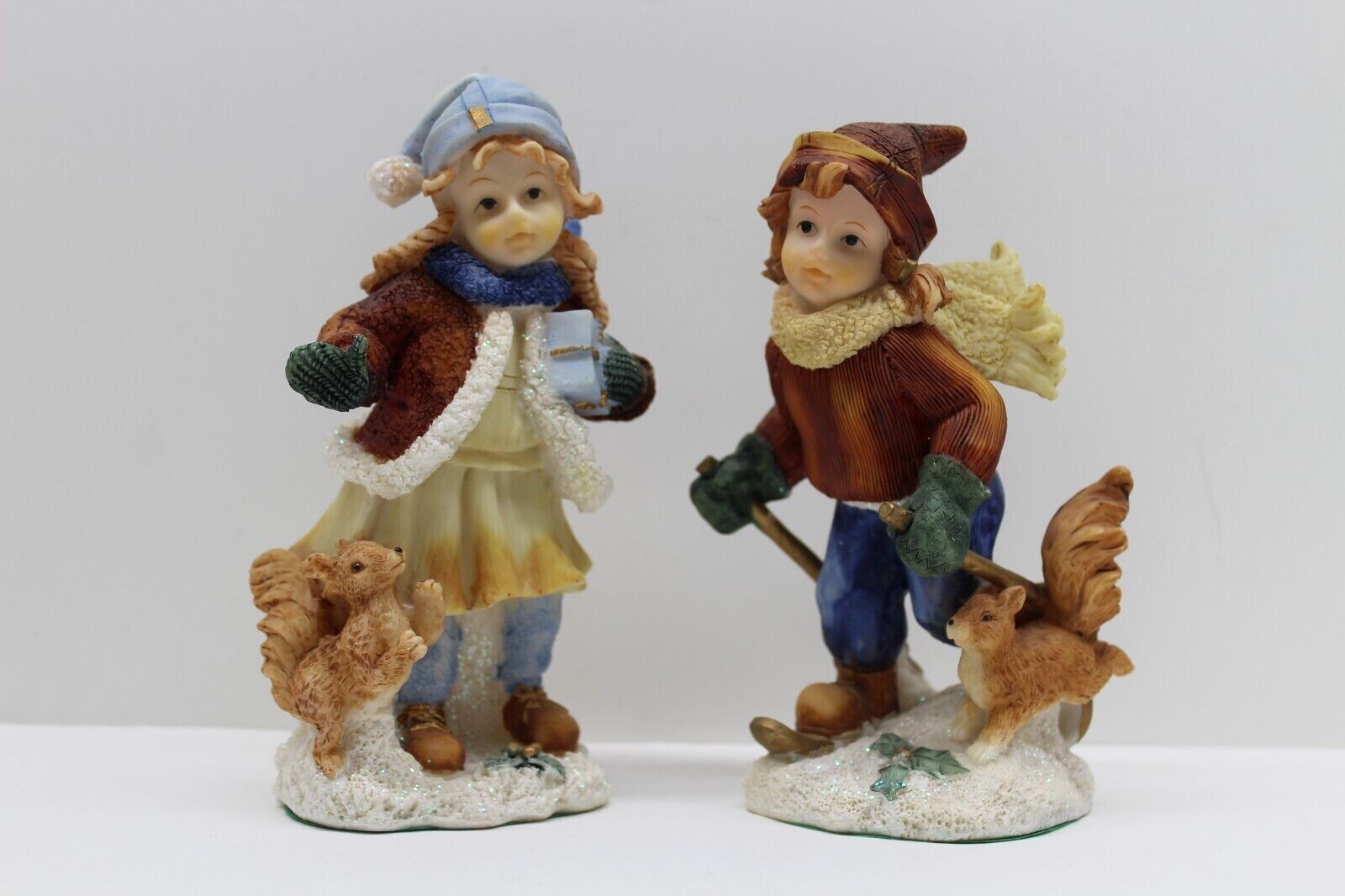 K’s Collection Christmas Snow Kids Girls Squirrels Resin Figures 1980’s Vintage