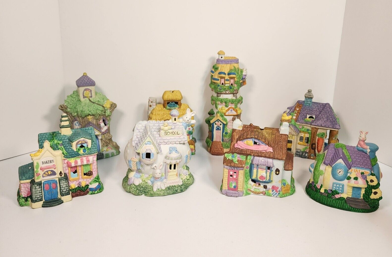 Lot of 8 Easter Village Pieces Flower Shop, Bakery, Cafe, Schools, Toy Shop…..