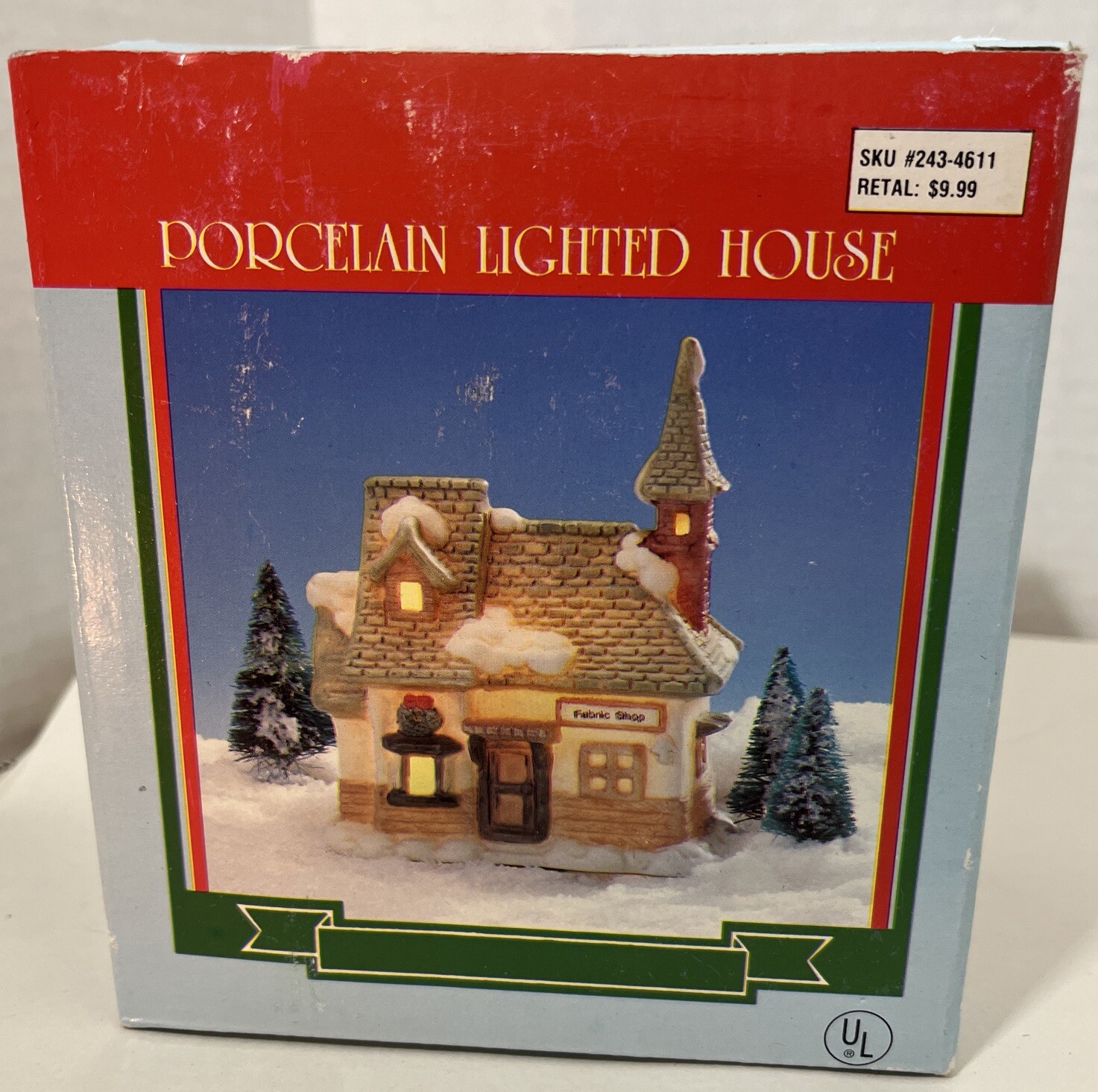 Mini Porcelain Lighted Christmas Village Fabric Shop Approx 3.5×2.5×5 Inch