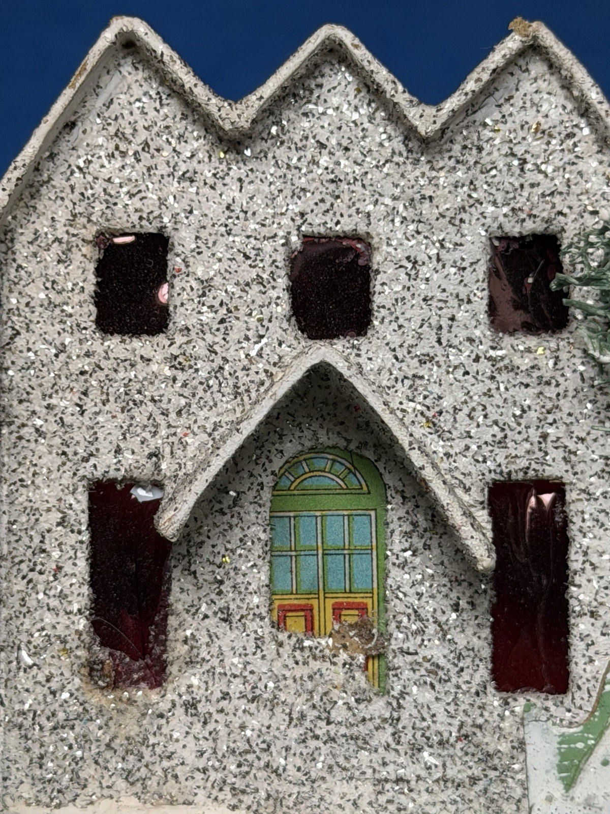 Vntg 1950s Post-WWII Putz House JAPAN Loofah Tree Mica Glitter 4.25″ Lot 2 VGC