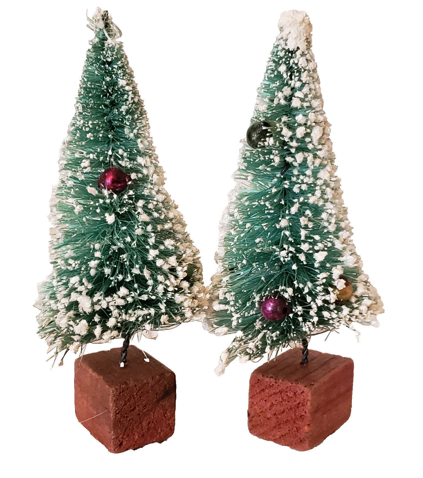 Vintage 2 DOLL HOUSE Bottle Brush CHRISTMAS TREES Glass Ball SNOW Japan 4″ #3