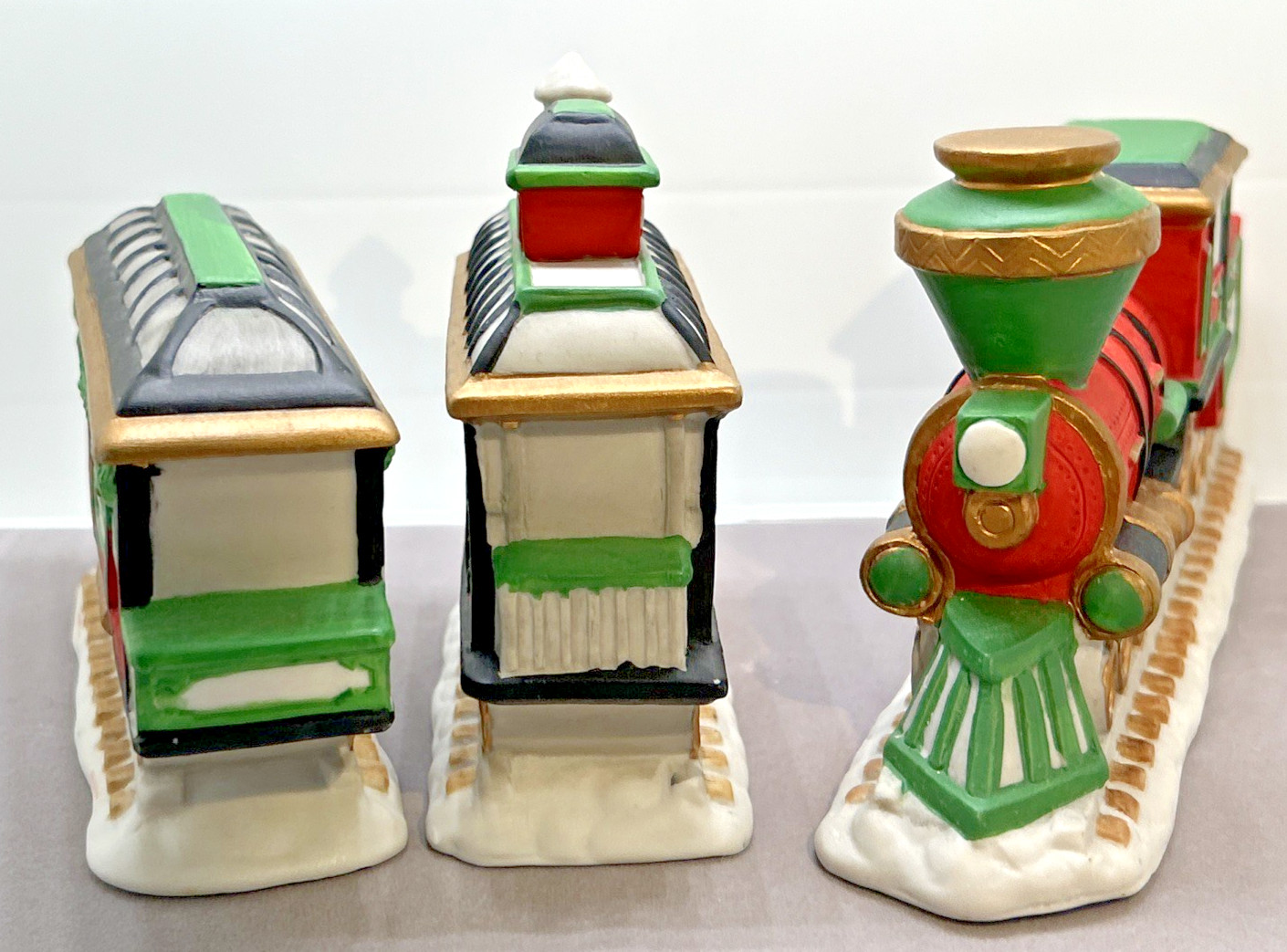 3 pc Holiday Christmas Express Train Car Village Porcelain Ceramic Caboose