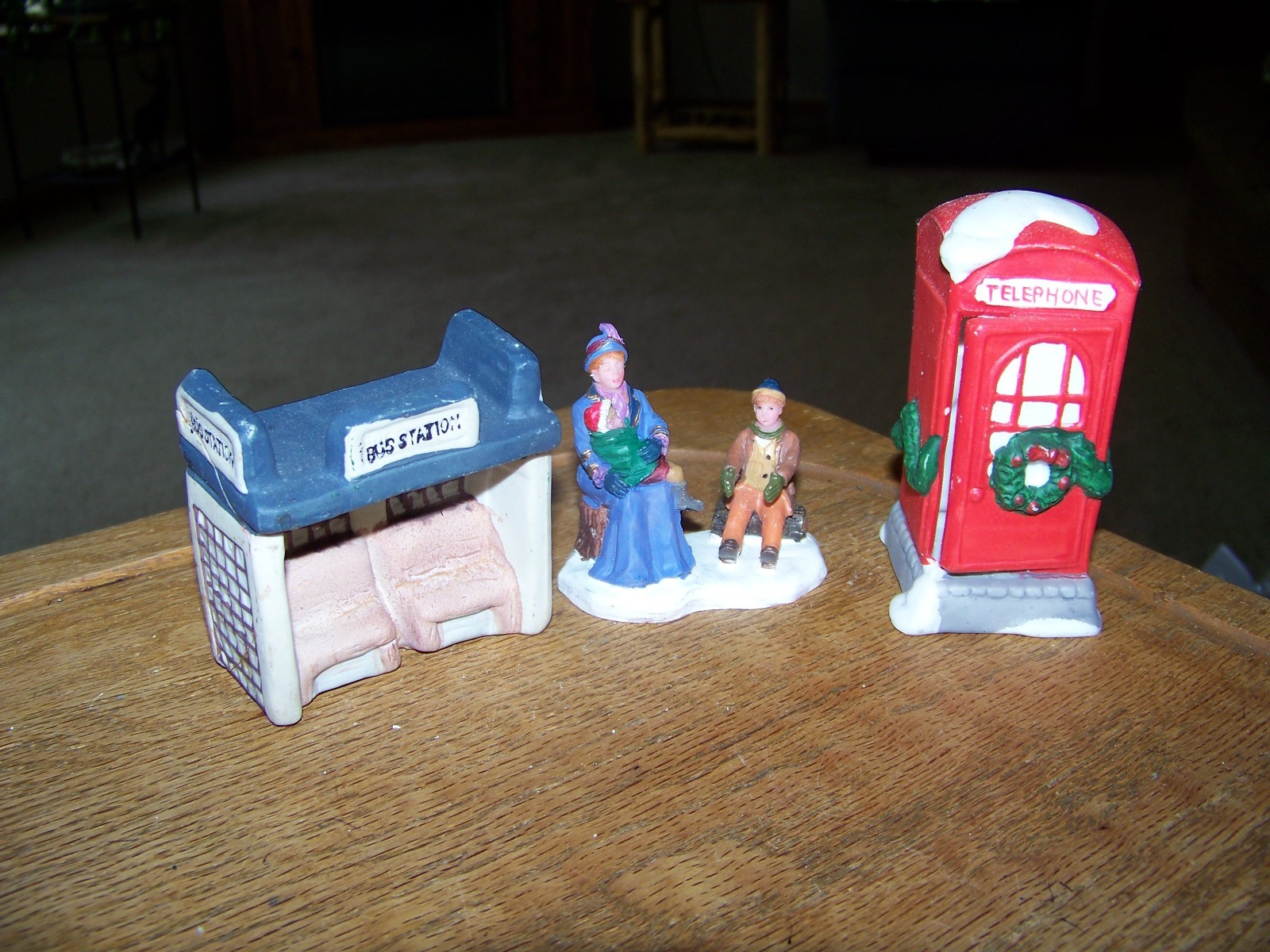 Lot of 3 Christmas Village Accessories Telephone Booth/Bus Station/Towns people