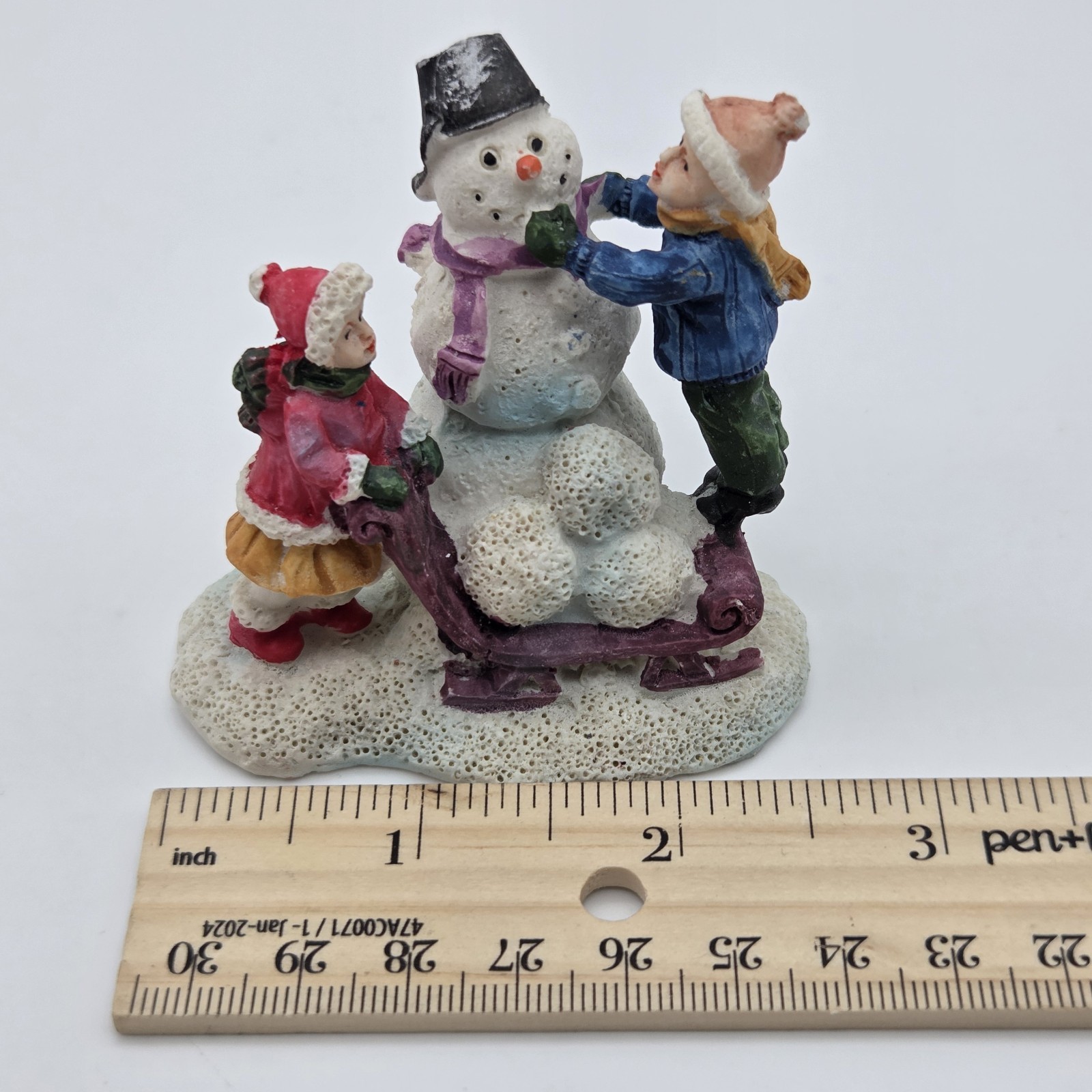 Christmas Village Set 2.75″ Snowman With Bucket On Head & Children Porcelain