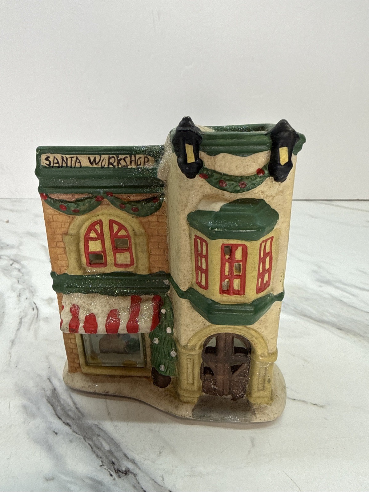 Santa Workshop Tea Light Candle Holder Christmas Decoration House Vintage 4.5”H