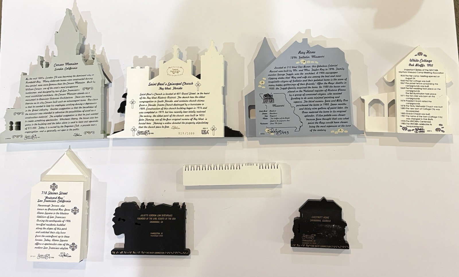 SHELIAH’S COLLECTIBLES PAINTED WOODEN VICTORIAN HOUSES~CHURCH~LOT OF 8 PIECES