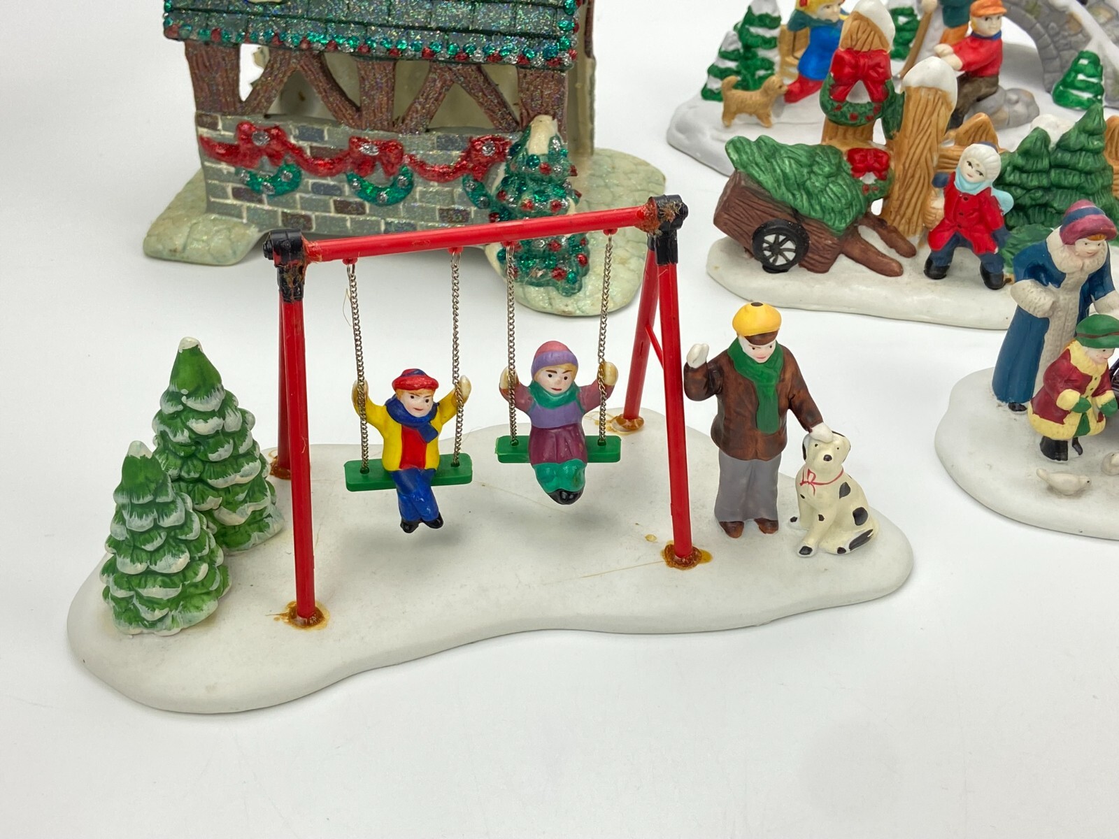 Lot of Lemax & Other Christmas Village Figures Accessories Bridge Carriage Swing